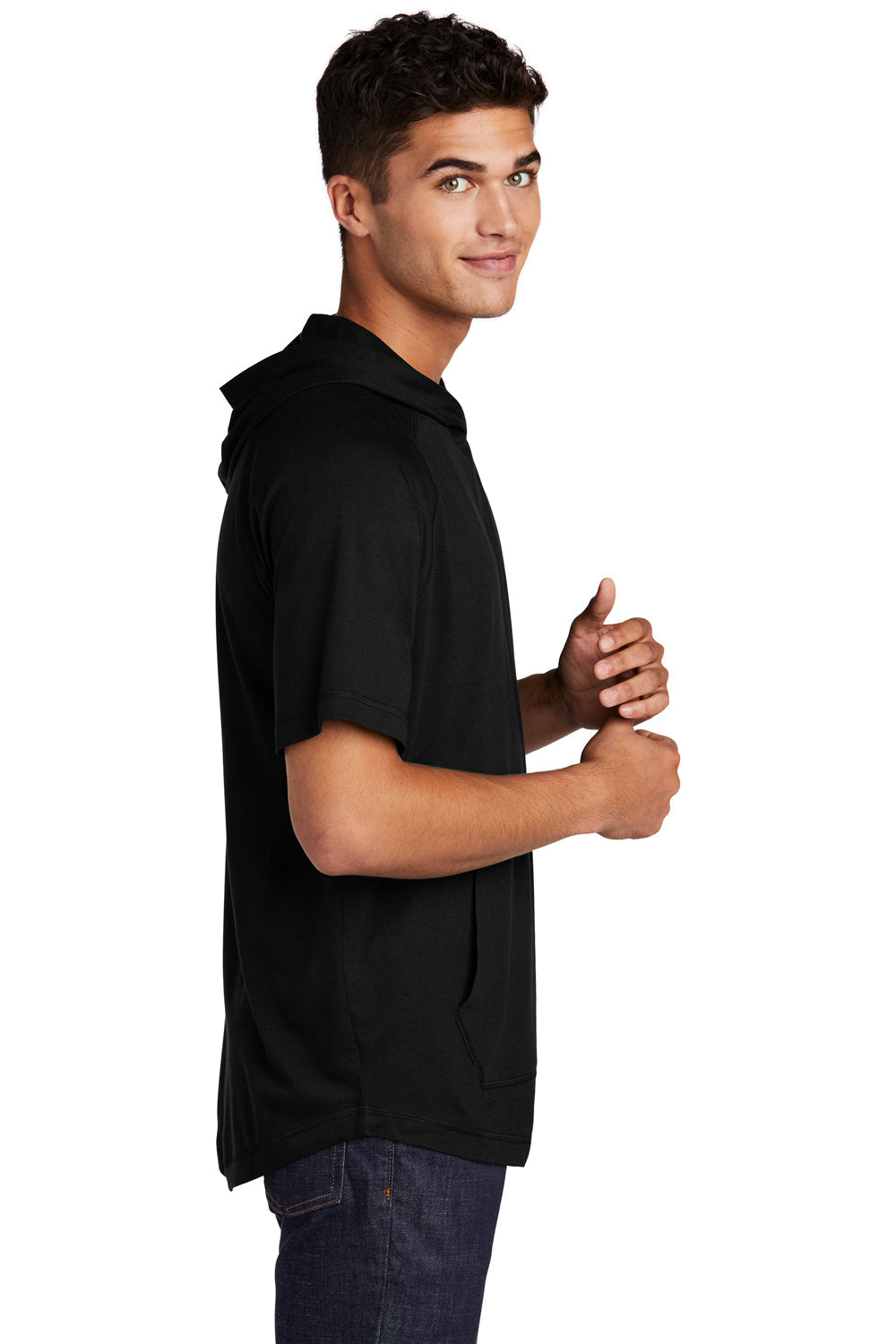 Sport-Tek Mens Moisture Wicking Short Sleeve Hooded T-Shirt Hoodie - Black